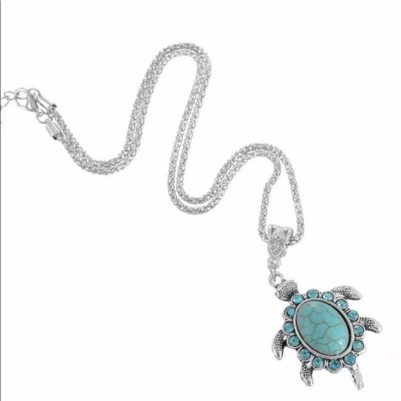 Jewelry - Silver Turtle Pendant Necklace with Turquoise Accents